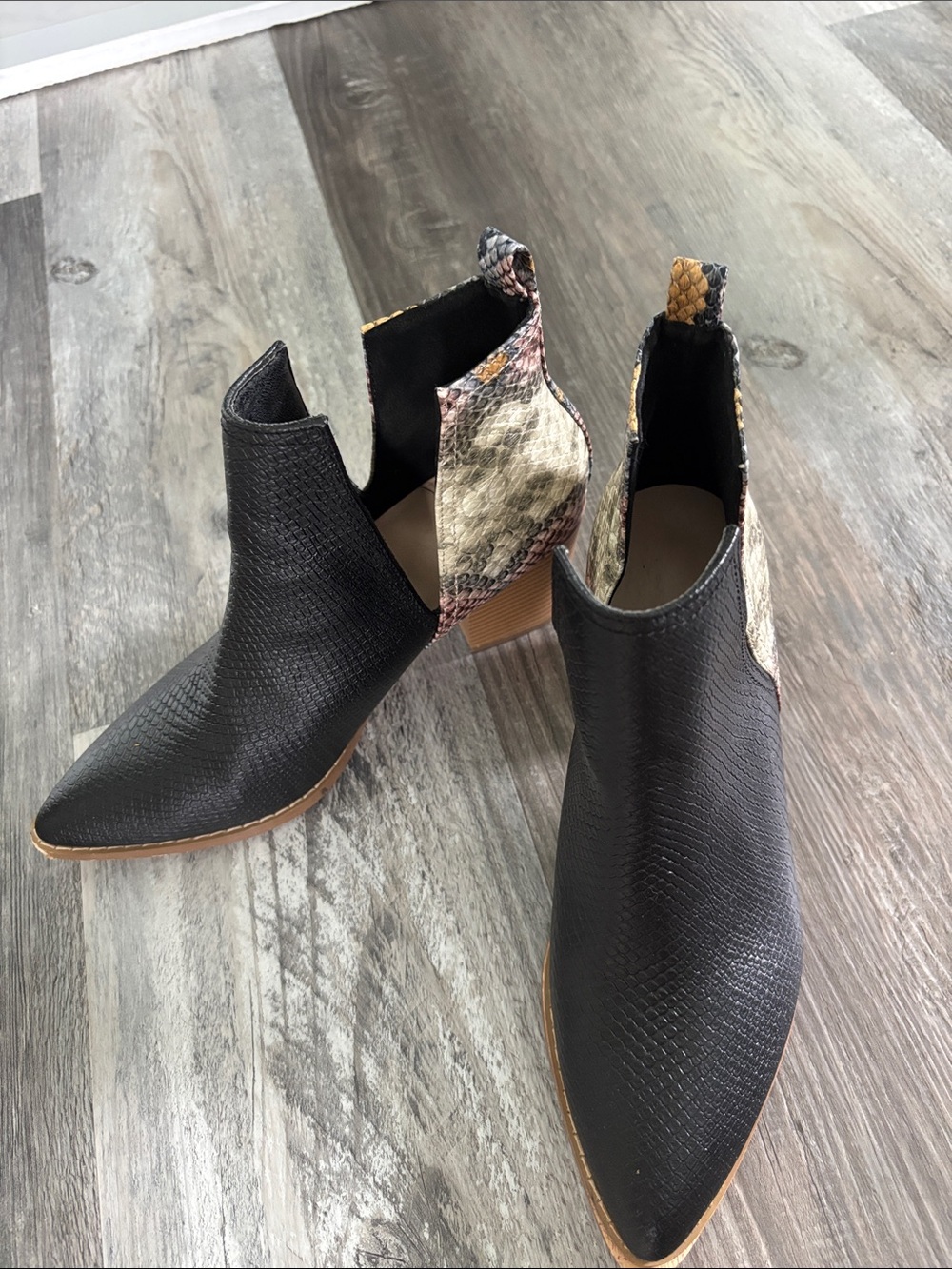 Women’s Black Ankle Booties with Snake-Print Heel Detail